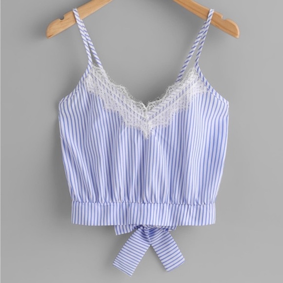 Blue and White Striped Cami Crop Top with Lace Trim and Tie Back - NWOT - Picture 3 of 15